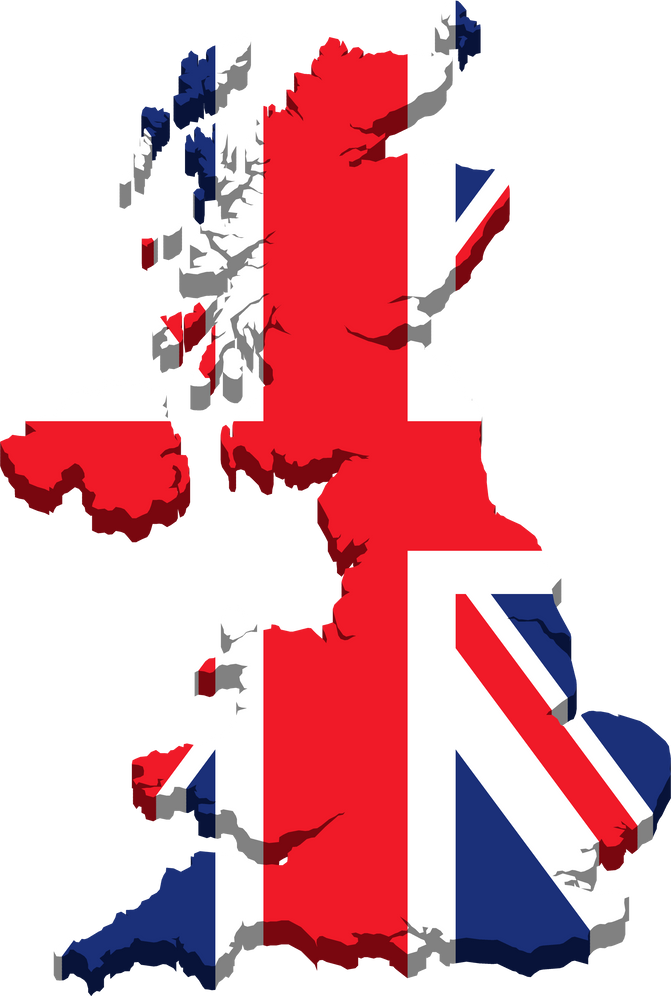 3d isometric Map of United Kingdom with national flag